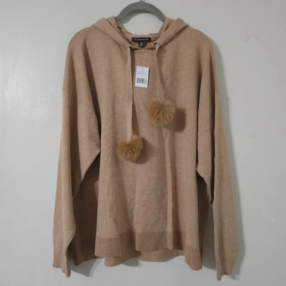 SAKS FITH AVENUE Nwt Drop Shoulder Faux Fur Trim Hoodie, Heather Camel Brown, XL - Picture 4 of 11